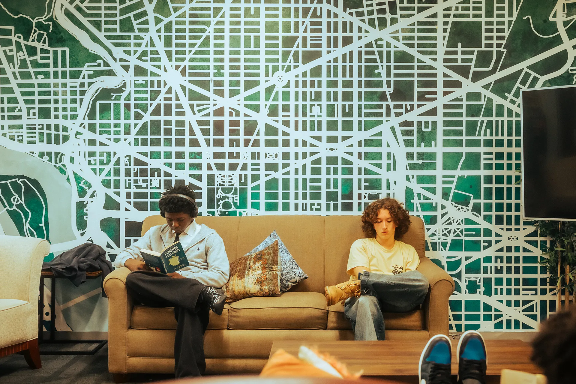 Two Templeton Academy students reading in the map room